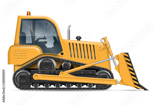 Yellow bulldozer with view from side isolated on white background. Construction vehicle vector mockup, easy editing and recolor