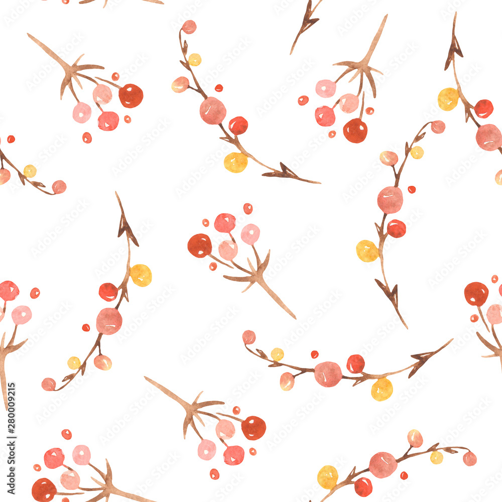 Watercolor seamless pattern of happy christmas twig berries