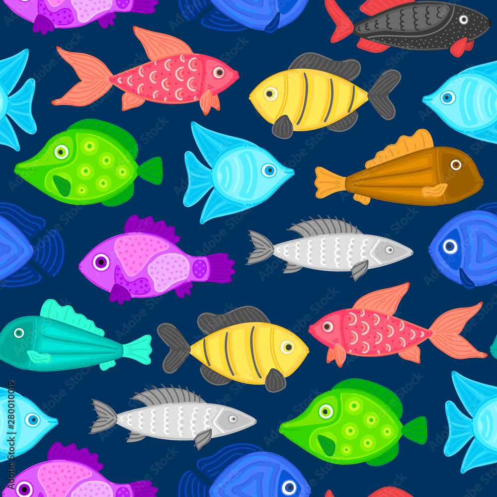 Vector seamless pattern with colorful abstract fish. Undersea world. Aquarium. Wrapping paper, package, wallpaper, poster, clothing and other textile in a pet store, fishing gear shop or aquapark