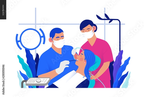 Medical insurance template - routine dental checkups - modern flat vector concept digital illustration of a dental procedure - patient, dentist checking teeth and a nurse, the dental office or