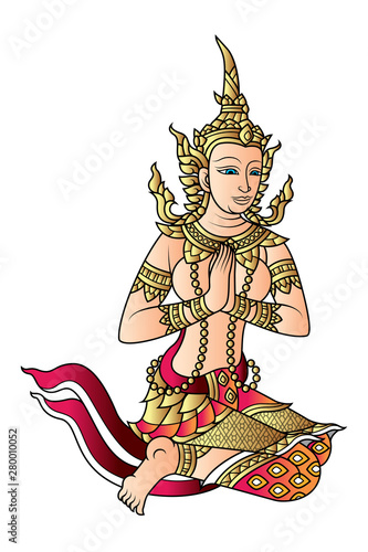 colorful woman or female angel in Thai traditional temple painting pay respect action