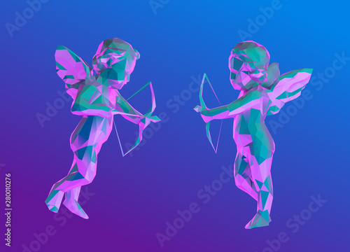 Vaporwave Cupid. Set of Psychedelic Cupidon on Retro Background. Low Poly Vector 3D Rendering