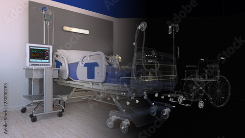 Empty hospital room with empty modenr bed with patient monitoring functions, in the background a wheelchair, 3d rendering, 3d illustration photo