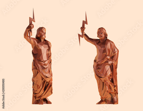 Clay Zeus. Set of Brown Shiny Zeus on Isolated Background. Low Poly Vector 3D Rendering