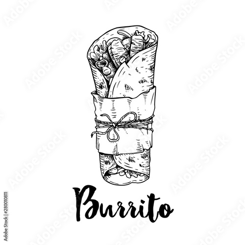 Hand drawn sketch style burrito wrap with meat pieces in paper package. Traditional Mexican cuisine illustration. Fast food. Street food drawing. Best for restaurant menu and package design.