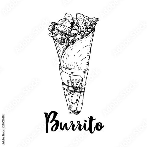Hand drawn sketch style burrito wrap with meat pieces in paper package. Traditional Mexican cuisine illustration. Fast food. Street food drawing. Best for restaurant menu and package design.