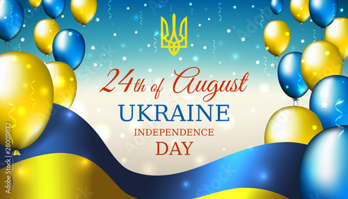 August 24, independence day of ukraine, vector template with ukrainian flag and colored balloons on blue shining starry background. National holiday of ukraine on august 24. Independence day card