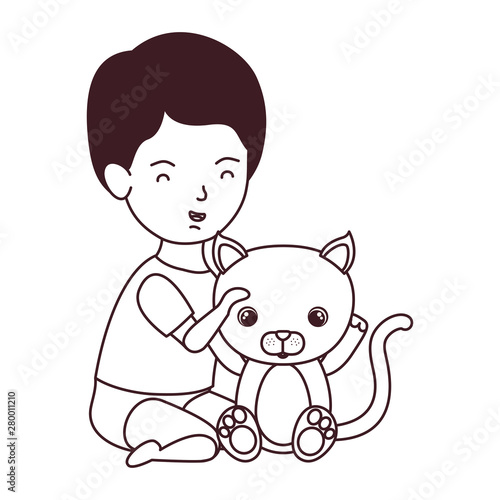 silhouette of little kid playing with lovely kitten