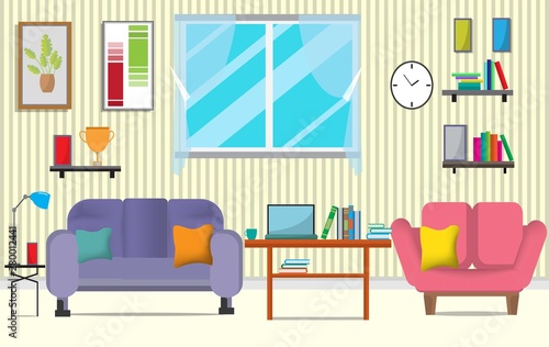 The living room with furniture.There are many things such as books cabinet  windows lamps small trees sofa  the wall room.The consists of pictures.Flat style vector illustration.