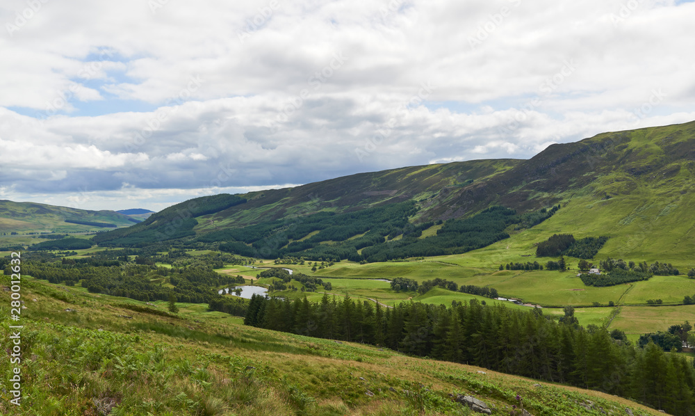 Looking down Glen Clova Valley and the River South Esk on one warm Summers Day on the way to Loch Brandy in Scotland.
