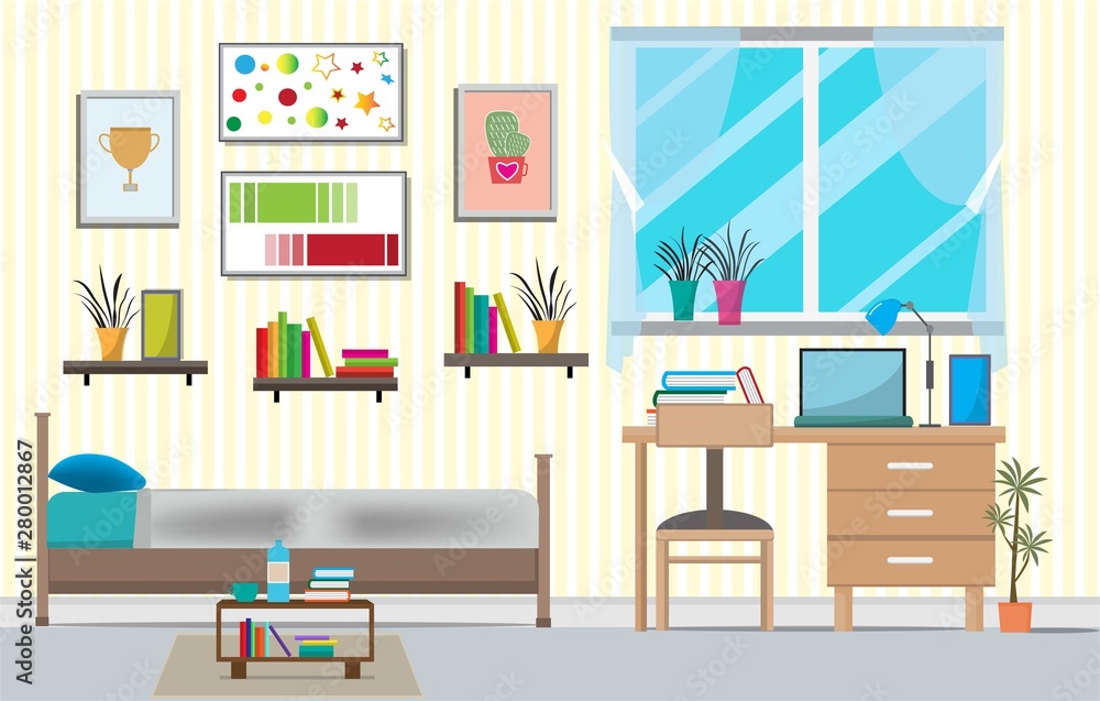 The living room with furniture.There are many things such as books,cabinet, windows,lamps,small trees,sofa, the wall room.The consists of pictures.Flat style vector illustration. The living room with furniture.There are many things such as books,cabinet, windows,lamps,small trees,sofa, the wall room.The consists of pictures.Flat style vector illustration.