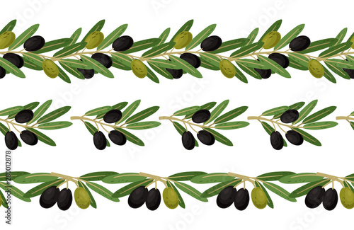 Olives and olive branches seamless border vector collection