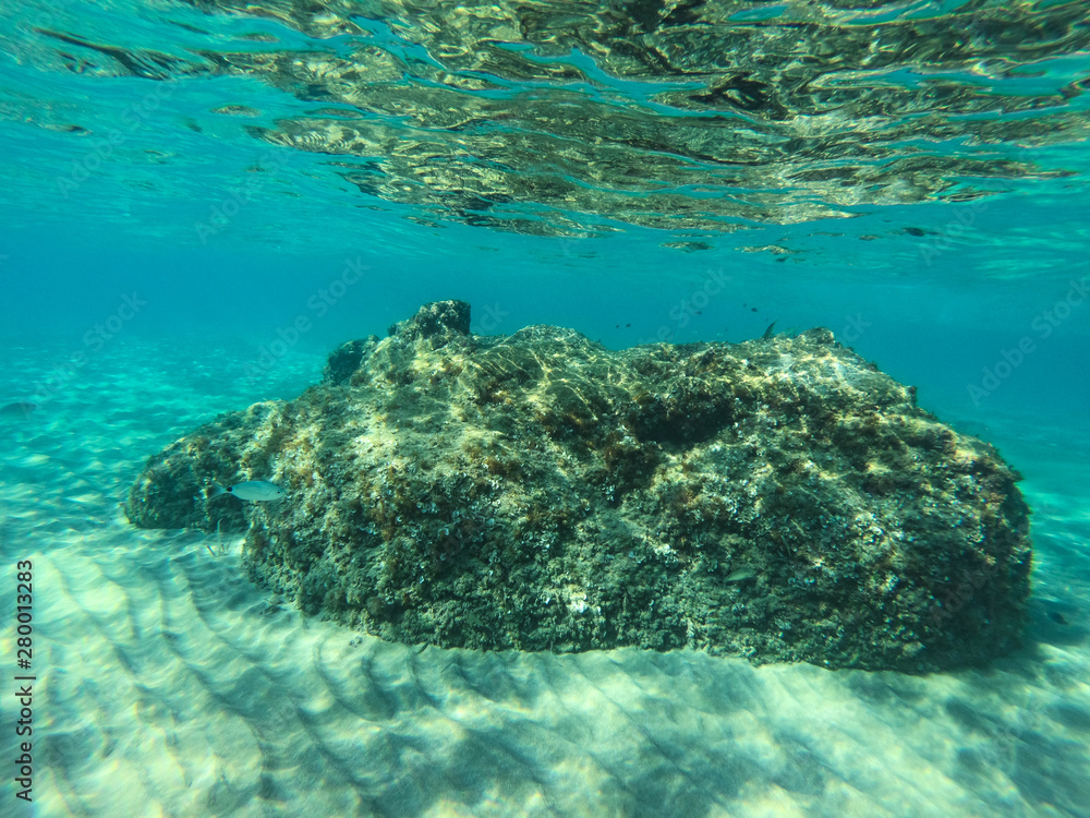 Underwater view of the rocks, sand and stones. The sandy and rocky bottom of the sea with some sun rays.