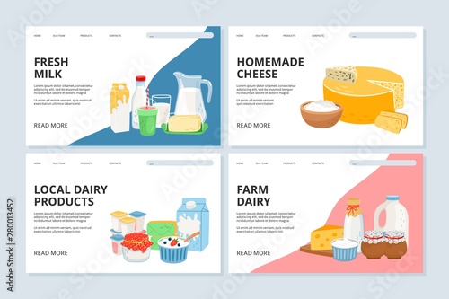 Farm dairy landing page. Fresh milk, homemade cheese vector illustration. Dairy web banner