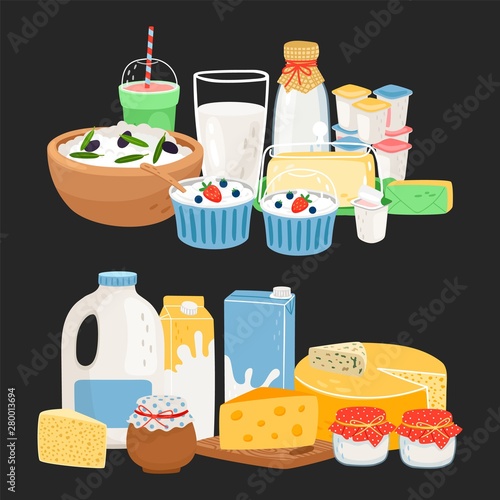 Vector farm dairy products. Fresh homemade cheese, yogurt, milk, cream illustration
