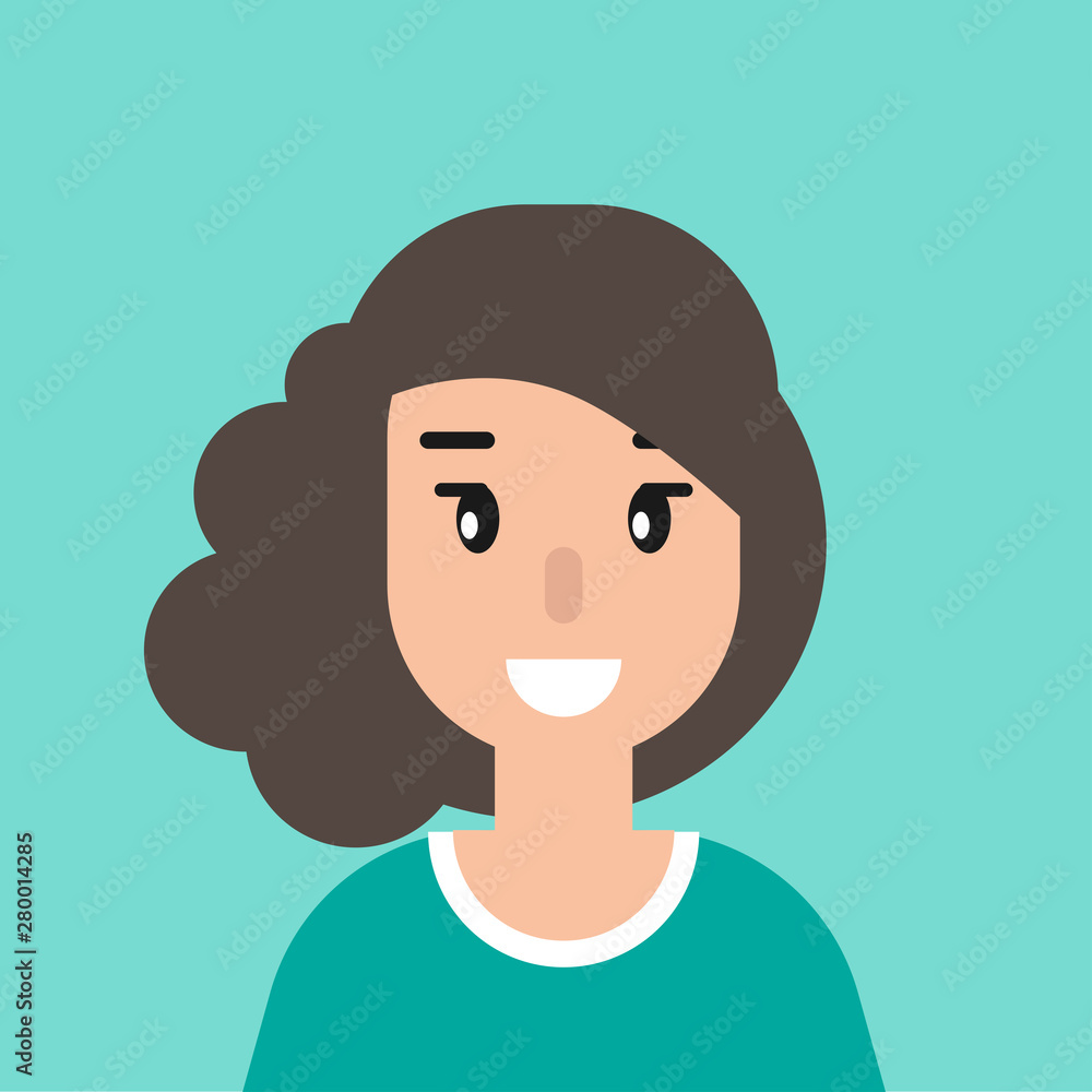 smiling girl avatar. cute smiling woman with black hair. flat icon on blue background. smiling girl avatar. cute smiling woman with black hair. flat icon on blue background.