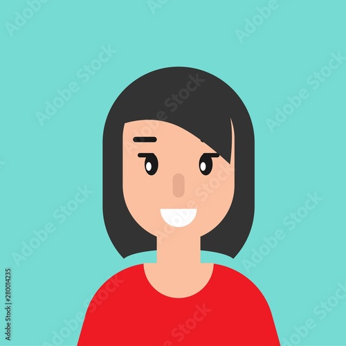 smiling girl avatar. cute smiling woman with black hair. flat icon on blue background.