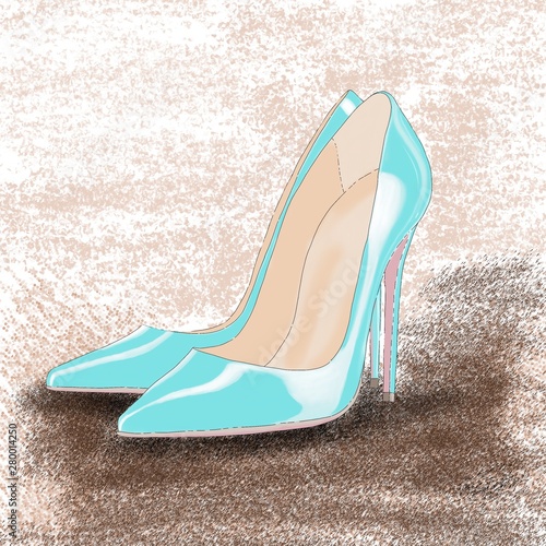 blue women shoes high heels fashion illustration on brown background