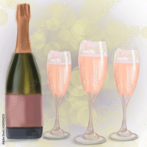 a bottle of champagne and three glasses of champagne on a colored background
