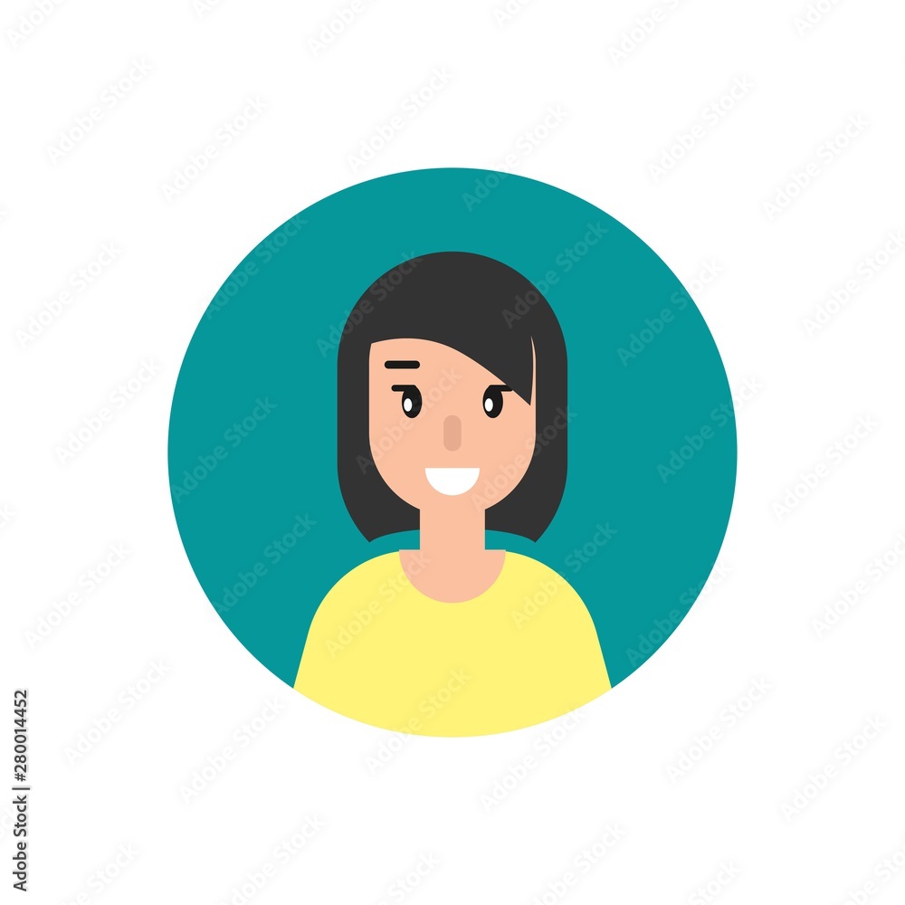Girl with Smile Avatar Cute Happy Woman Face Flat Icon in Blue Circle  Isolated on White Stock Illustration  Illustration of customer employee  198999559