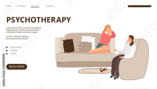 Psychotherapy landing page. Psychologist and patient vector illustration