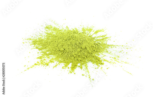 Powdered matcha green tea isolated on white background
