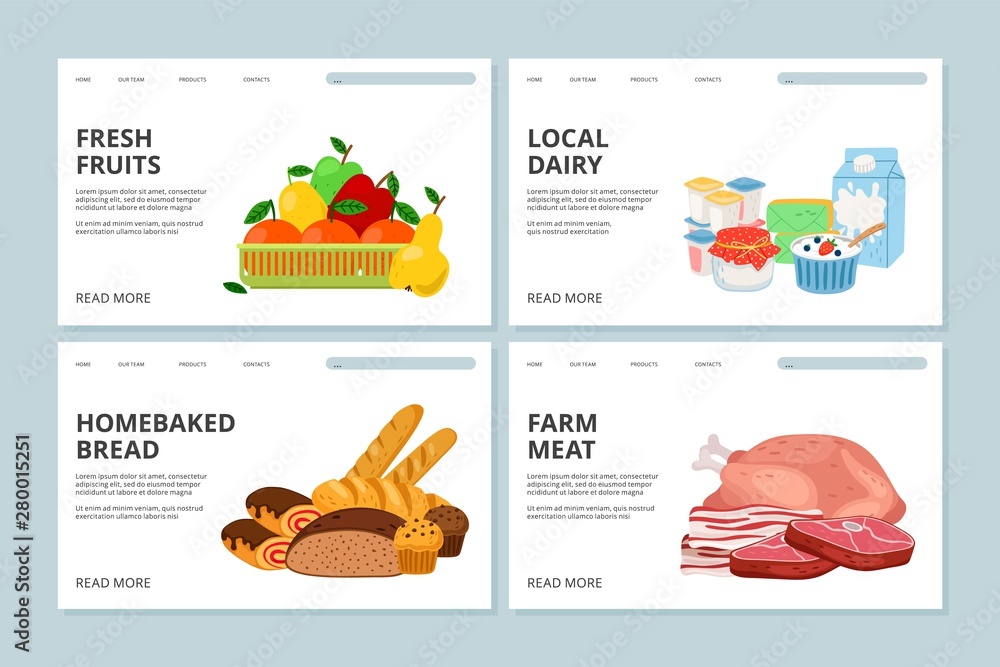Farm market landing page. Vector web page template with meat, fruits, dairy