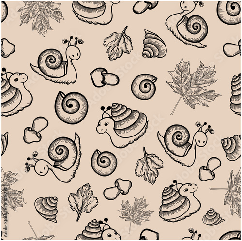 pattern snail seamless background autumn leaf mushroom shells illustration vector doodle sketch