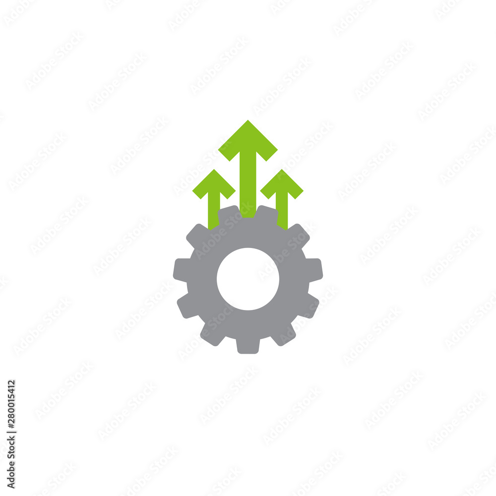 Gear and three green up arrows. icon isolated on white. Vector flat illustration for technology or innovation. Gear and three green up arrows. icon isolated on white. Vector flat illustration for technology or innovation.