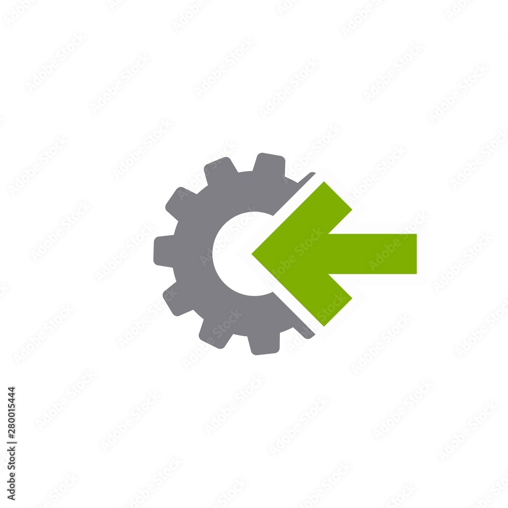 Gear and right green arrow icon isolated on white. Green and grey colors. Vector flat illustration for technology Gear and right green arrow icon isolated on white. Green and grey colors. Vector flat illustration for technology