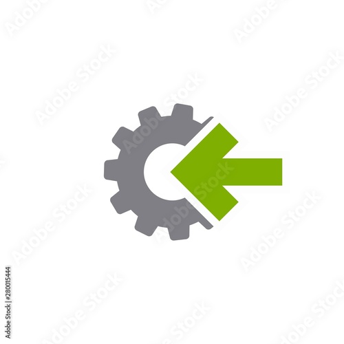 Gear and right green arrow icon isolated on white. Green and grey colors. Vector flat illustration for technology