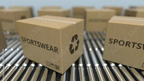 Cartons with sportswear on roller conveyors. Loopable 3D animation photo