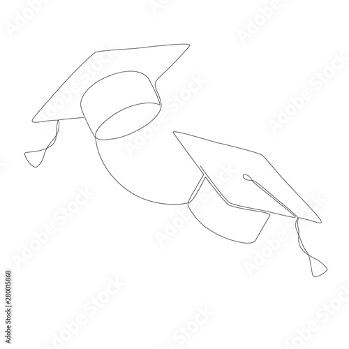 one line illustration of a pair of graduate hats isolated on white.