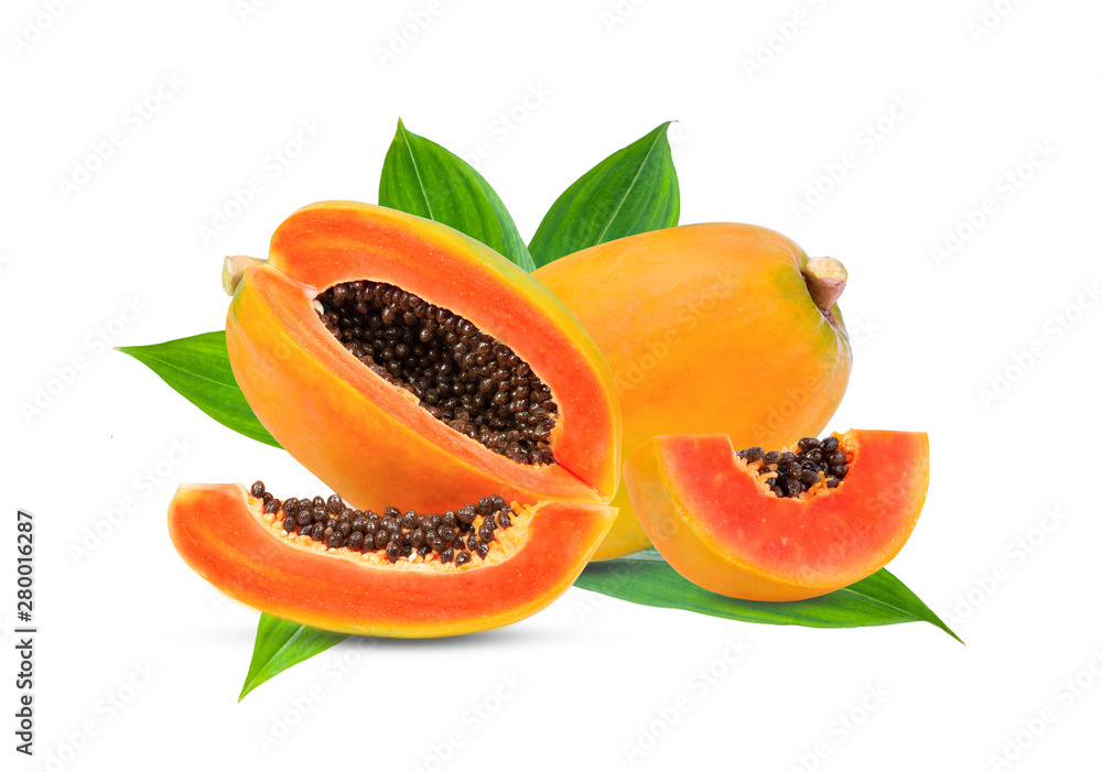 whole and half ripe papaya with leaf isolated on white background. full depth of field whole and half ripe papaya with leaf isolated on white background. full depth of field