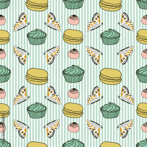 Cakes and butterflies on stripes background Vector