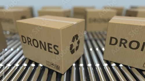 Cartons with drones on roller conveyors. Loopable 3D animation photo