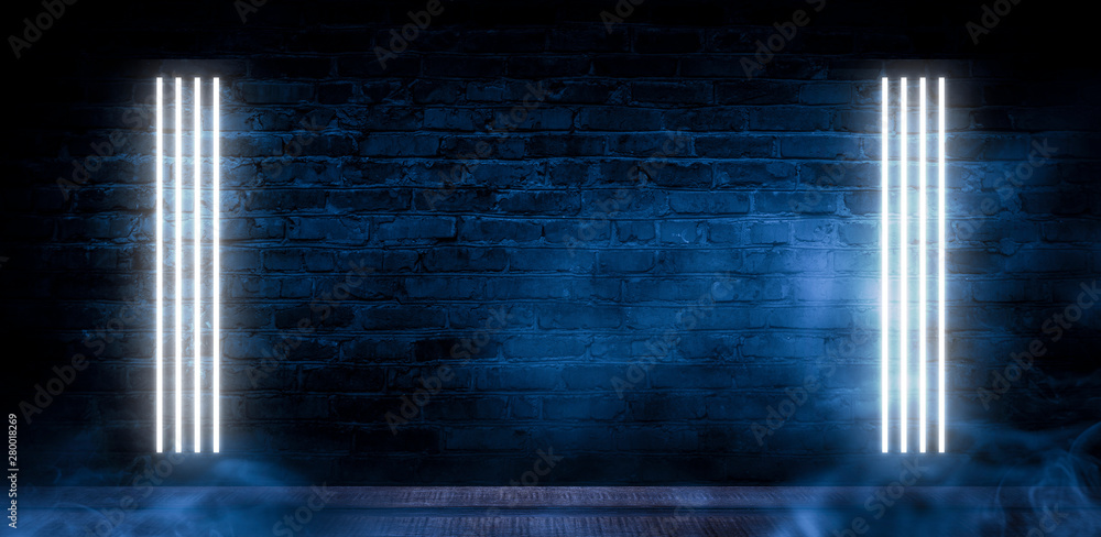 Background of an empty dark-black room. Empty brick walls, lights, smoke, glow, rays Background of an empty dark-black room. Empty brick walls, lights, smoke, glow, rays