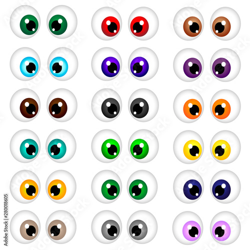 Set of colorful cartoon eyes. Brown, blue, green eye. Vector illustration isolated on white