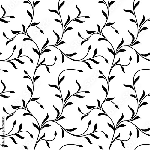 Seamless pattern. Thin delicate twigs with leaves isolated on white background. Texture for print, wallpaper, home decor, textile, package design