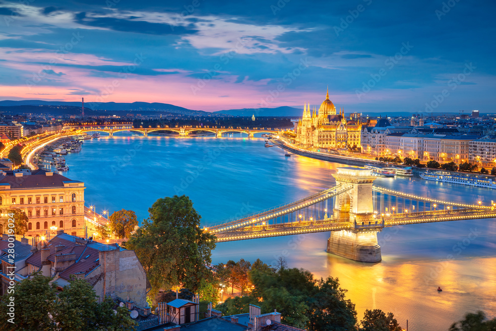 Budapest, Hungary. Aerial cityscape image of Budapest with Chain Bridge and parliament building during summer sunset.