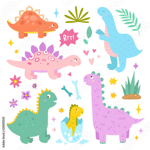 Cute dinosaurs vector illustrations on white background. Funny baby animals clipart for children