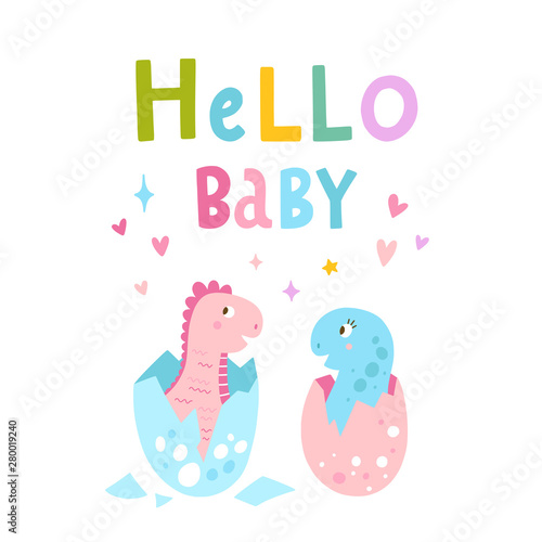 Hello baby two little dinosaurs vector illustration. Funny clipart for children and newborn babies