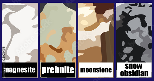Set of square brochures with the image of the surface of the four minerals. Rectangle template brochure, report, catalog, magazine. Abstract background.