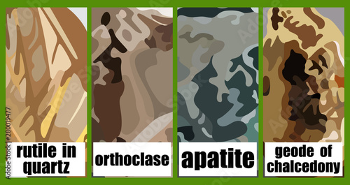 Set of square brochures with the image of the surface of the four minerals. Rectangle template brochure, report, catalog, magazine. Abstract background.