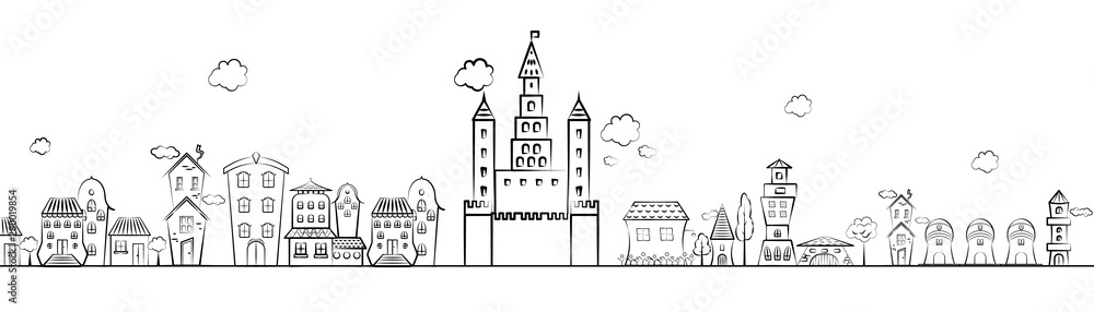 vector drawing imaginary old city scape view