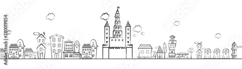 vector drawing imaginary old city scape view