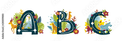 Tropical exotic letters ABC, african animals, flowers. Cute cartoon flat style font
