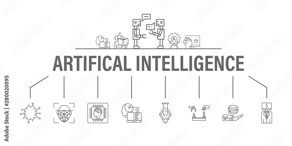 Artificial Intelligence banner with icons set. Header for website and social media: Algorithm, Deep Learning, Neural Networks, AI, Autonomous, Cybernetics, Robotics. Vector design illustration