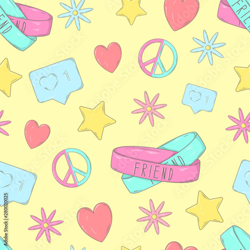 Seamless pattern with friendship bracelets, peace sign and other signs.