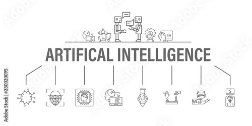 Artificial Intelligence banner with icons set. Header for website and social media  Algorithm  Deep Learning  Neural Networks  AI  Autonomous  Cybernetics  Robotics. Vector design illustration